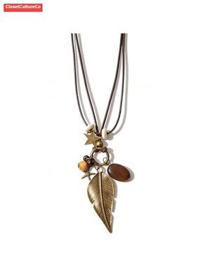 Boho Long Faux Leather Cord Necklace with Bronze Tone Leaf Charm